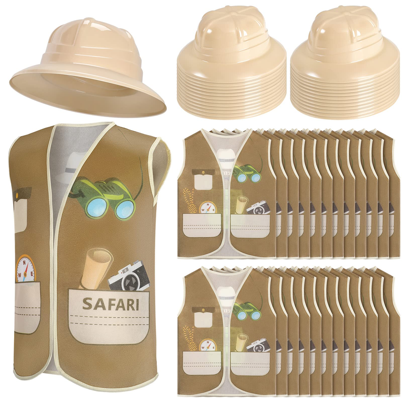 Geyoga 48 Pcs Explorer Costume Kids 24 Safari Vest And 24 Safari Hats Explorer
