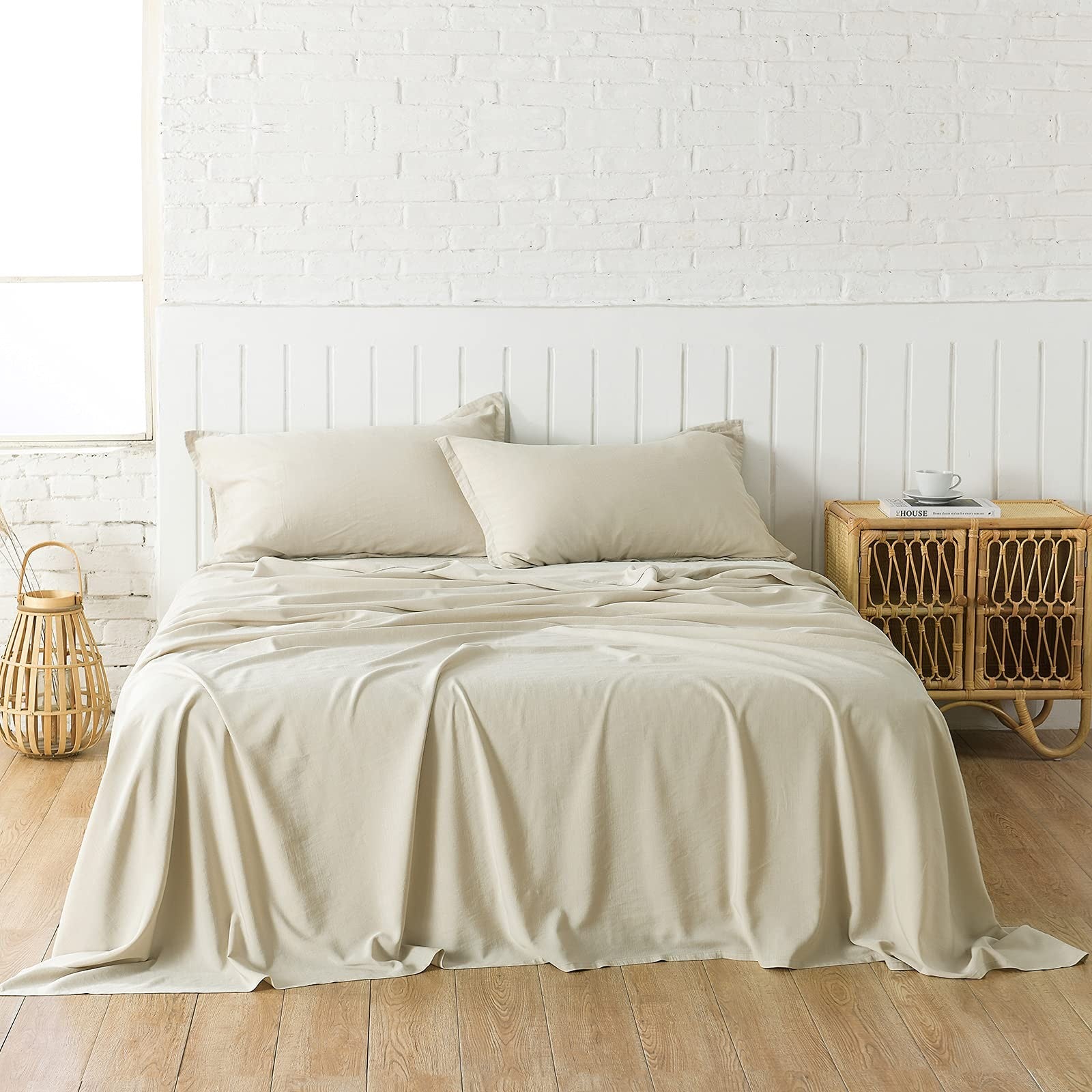 Pandatex Beige Linen-Textured Bed Sheets Set Bamboo Rayon Cotton Linen Blend