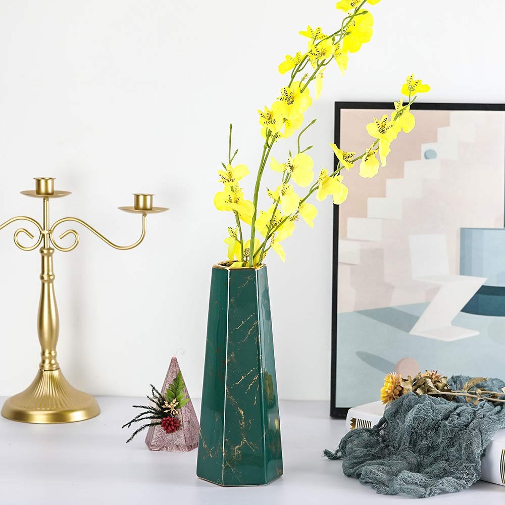 Hchlqlz 10Inch Green Gold Finish Marble Ceramic Flower Vase Home Decor Vase And