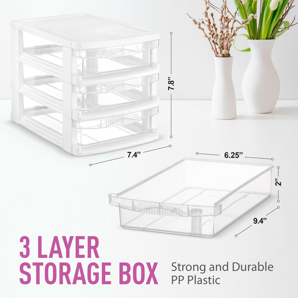 Tribello 3 Drawer Plastic Storage Mini Drawer Unit White Frame Clear Drawers