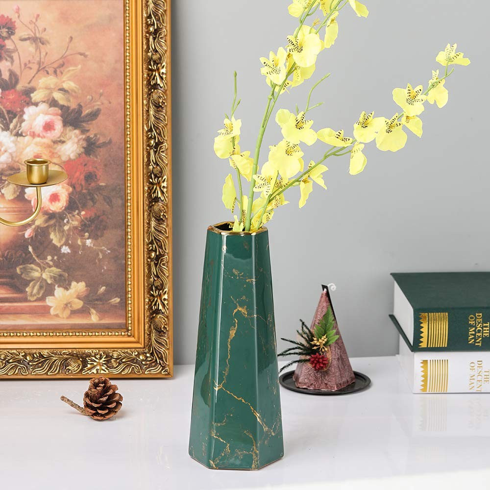 Hchlqlz 10Inch Green Gold Finish Marble Ceramic Flower Vase Home Decor Vase And