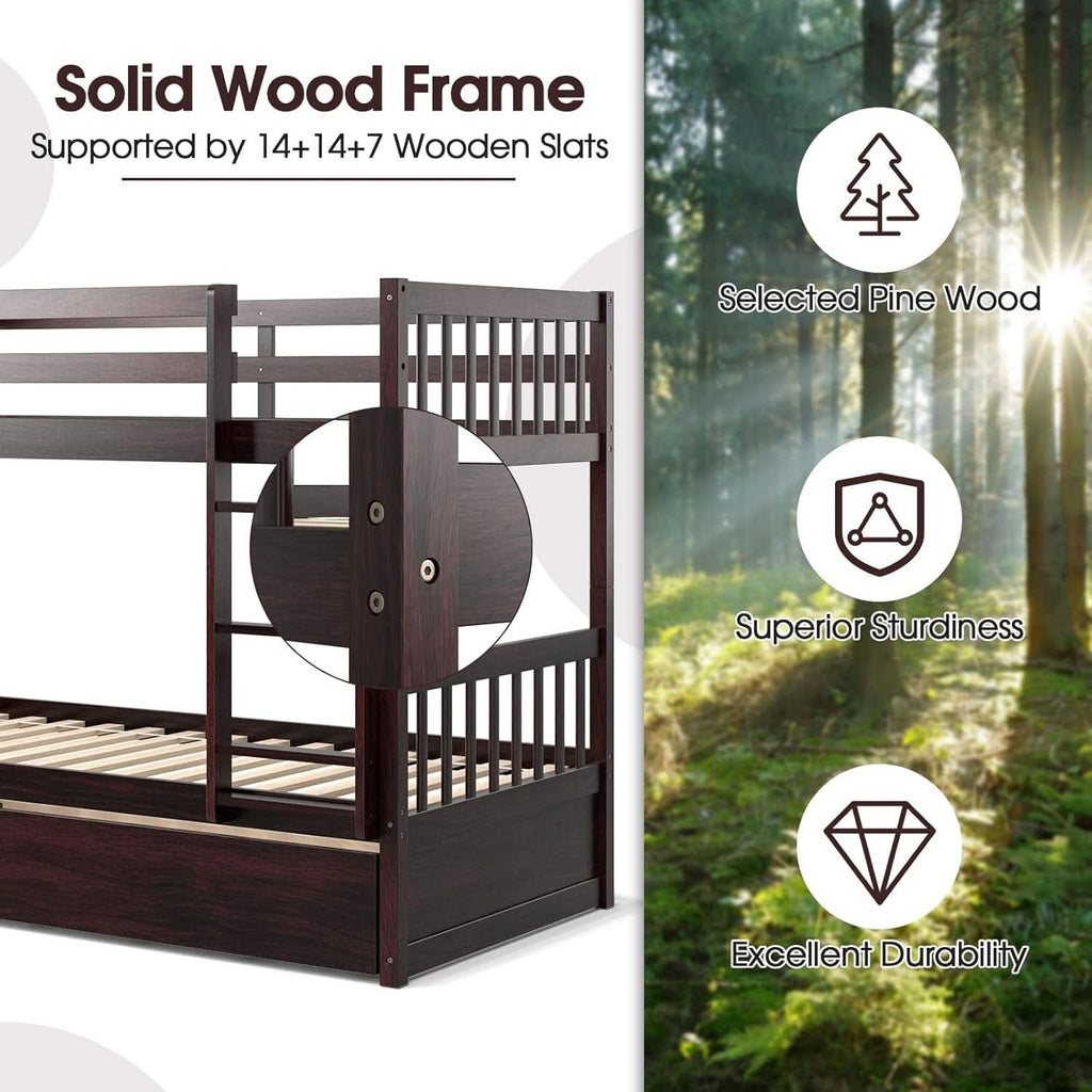 Twin Over Twin Bunk Bed With Trundle In Espresso Solid Wood