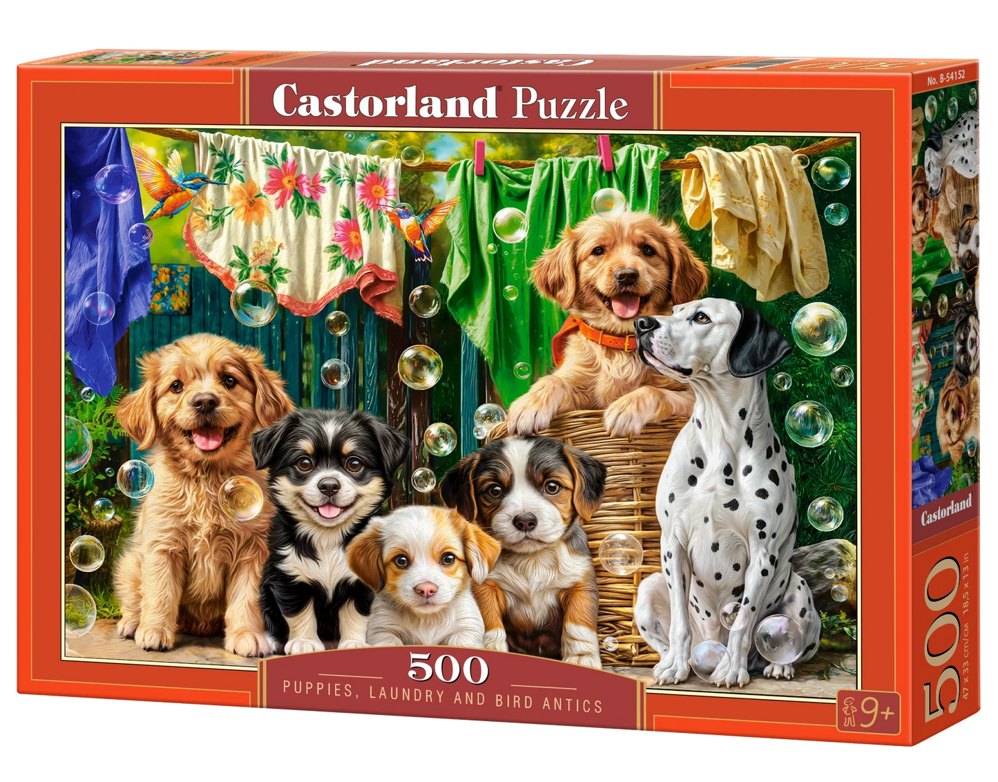 500 Piece Jigsaw Puzzle, Puppies, Laundry and Bird Antics, Puppies, Dogs, Golden Retriever, Dalmatian, Bubbles, Animal jigsaw, Adult Puzzle, Castorland  B-54152