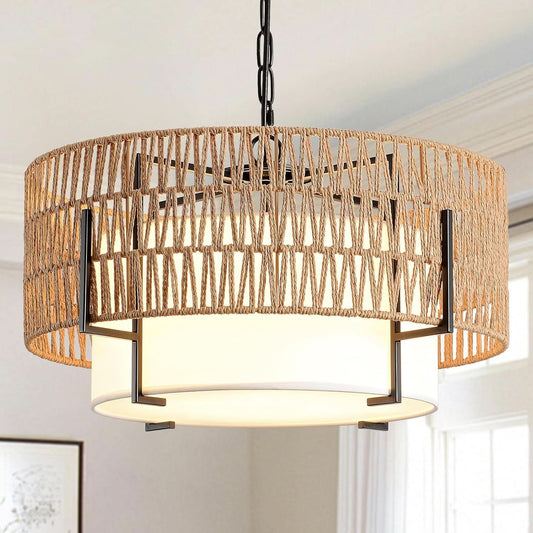 Boho Rattan Chandelier Pendant Light Natural Finish