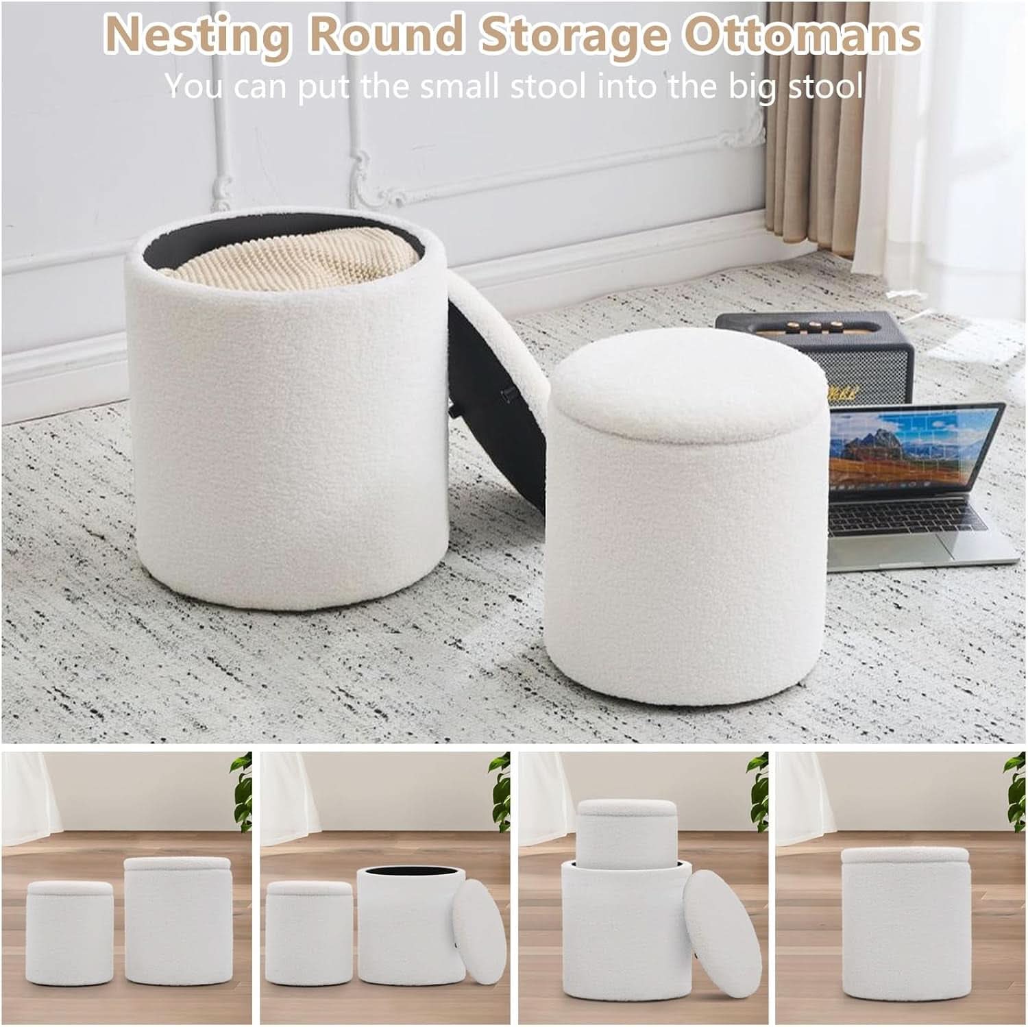 White Round Boucle Velvet Upholstered Storage Ottoman