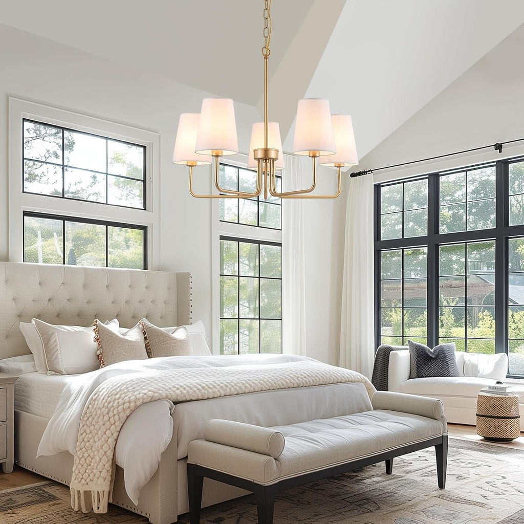 Five Light Gilded Farmhouse Chandelier With White Shades