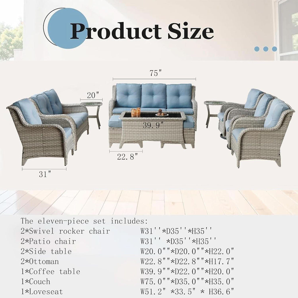 Comfortable 11 Piece Outdoor Furniture Set with Swivel Rockers