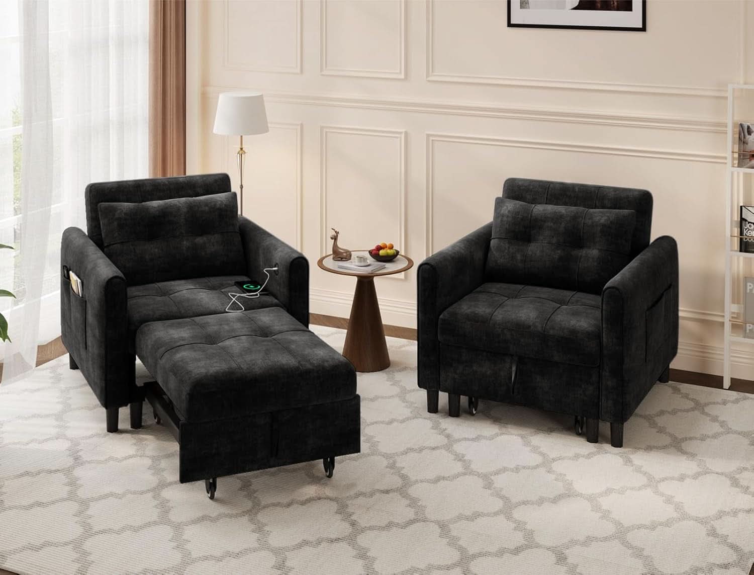 Black Upholstered Sleeper Chair Pull Out Bed For Small Rooms