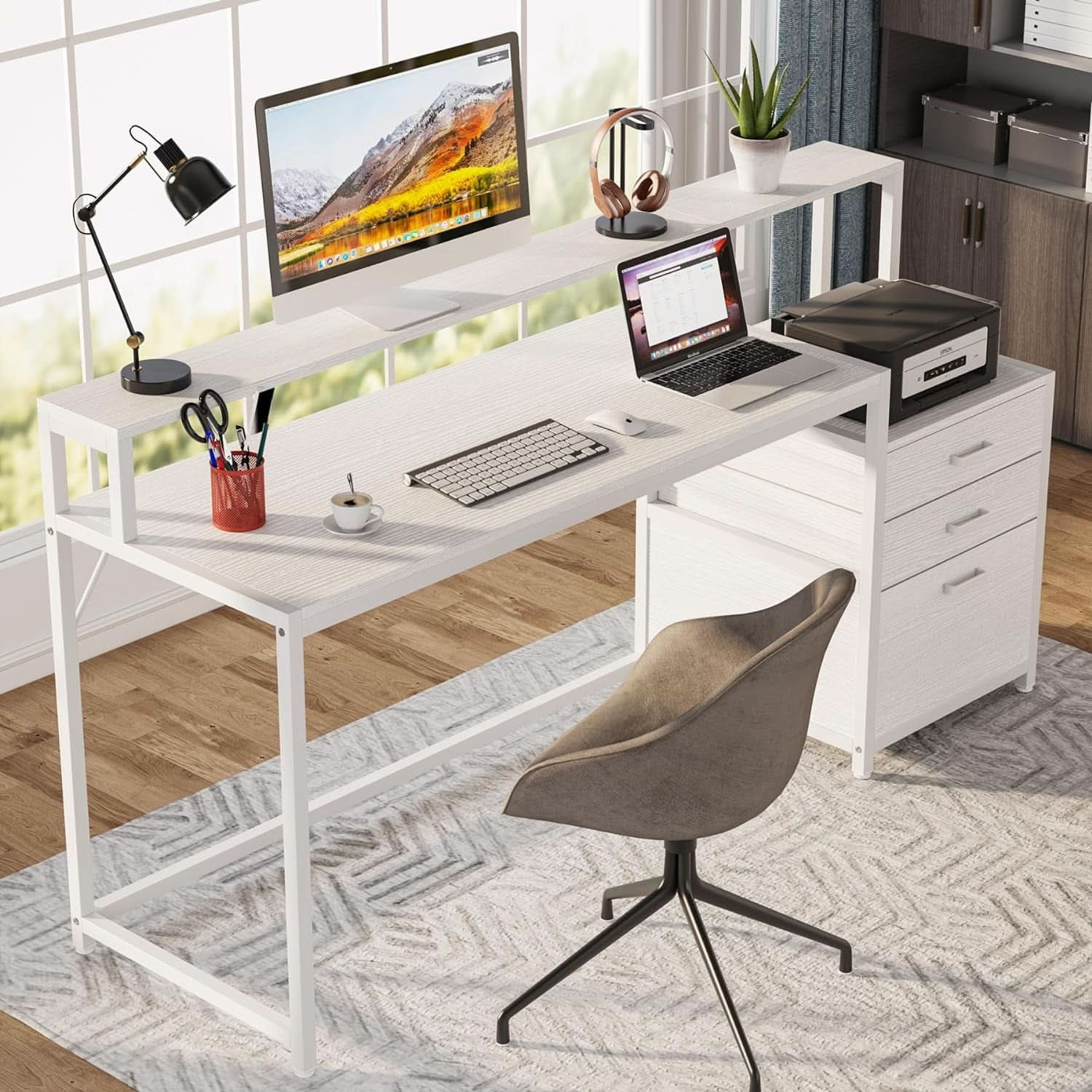 White Computer Desk With File Cabinet And Monitor Stand