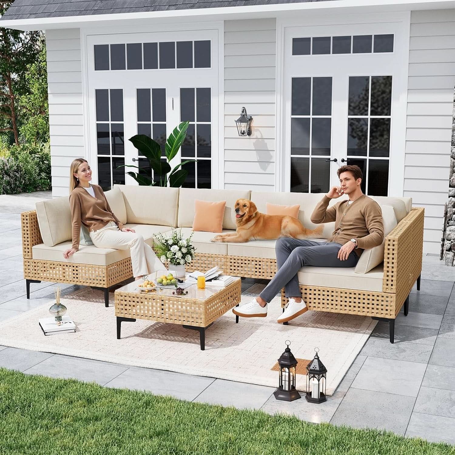 110 Inch Large 7 Piece Wicker Outdoor Patio Set Beige Cushions
