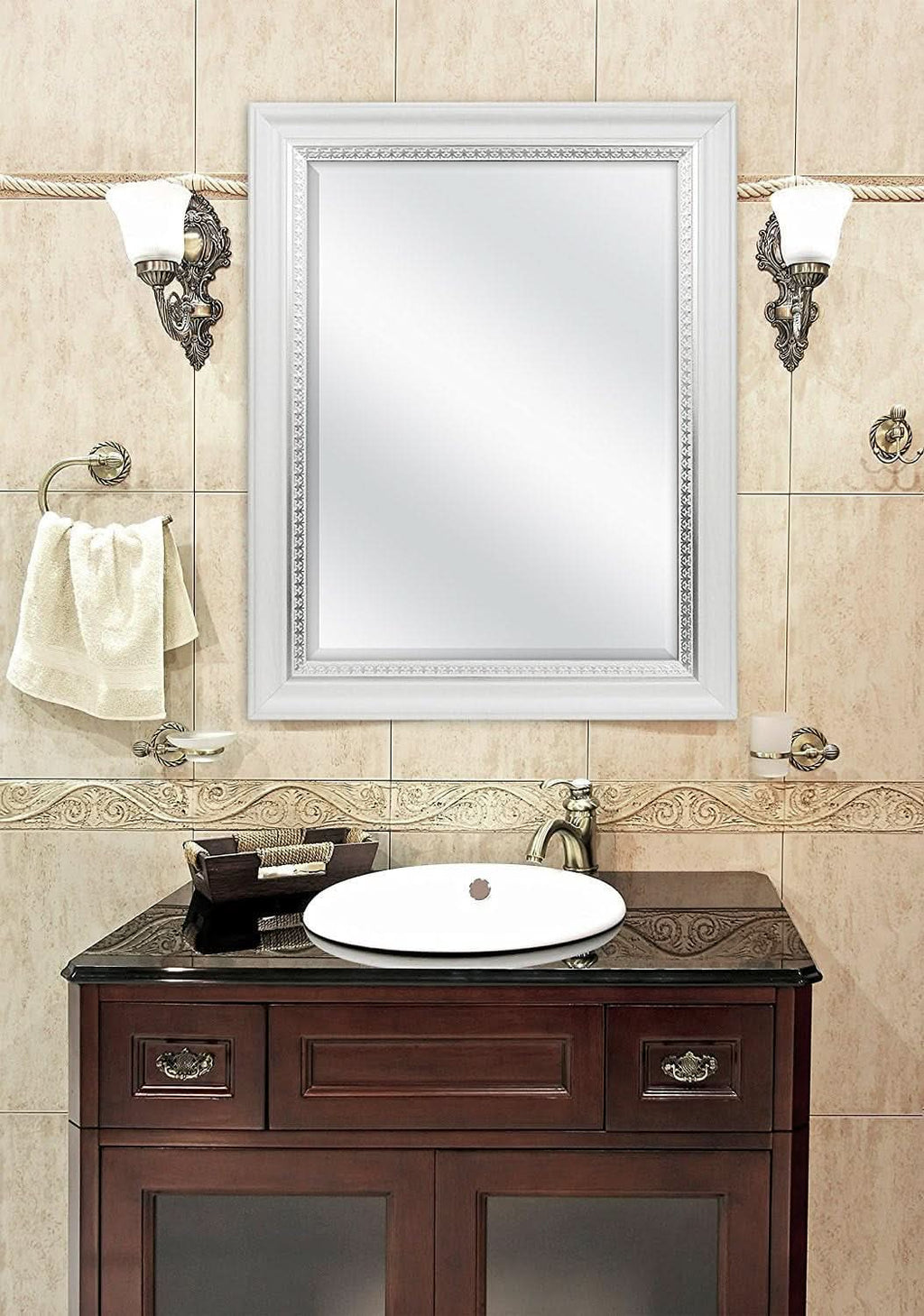 23x29 White Woodgrain Wall Mirror With Beveled Edge