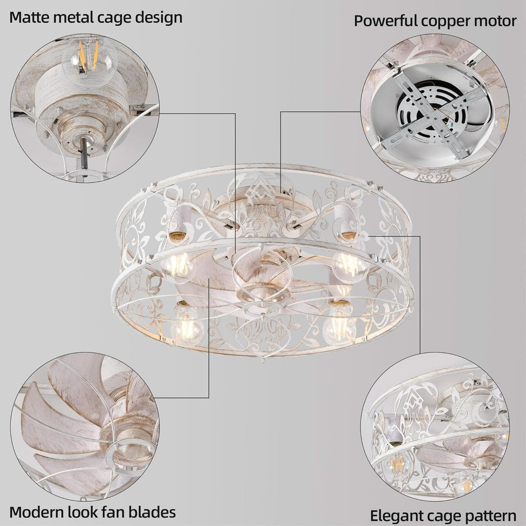 20 Inch Caged Ceiling Fan With Light White Gold Remote