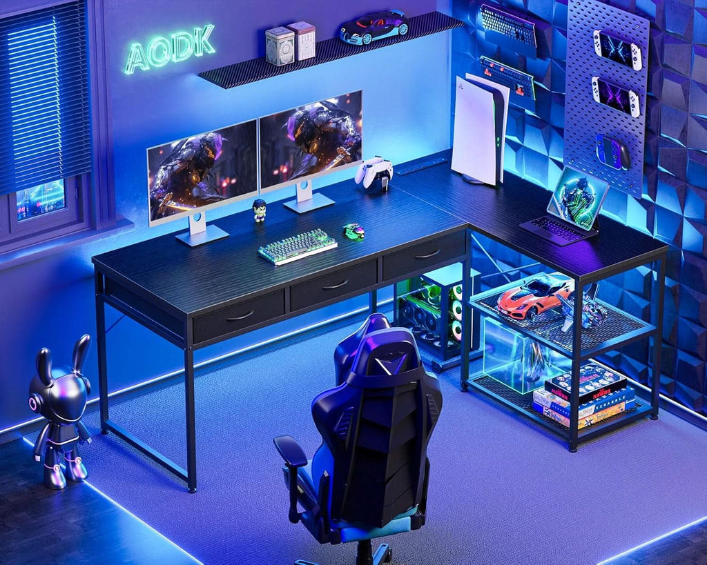 53-Inch L-Shaped Desk With Drawers And Power Outlets
