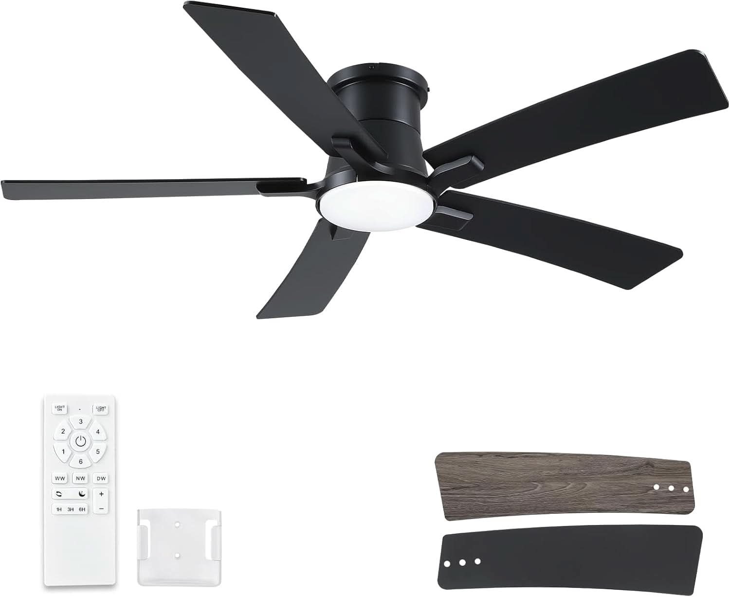52 Inch Matte Black Flush Mount Ceiling Fan With Lights