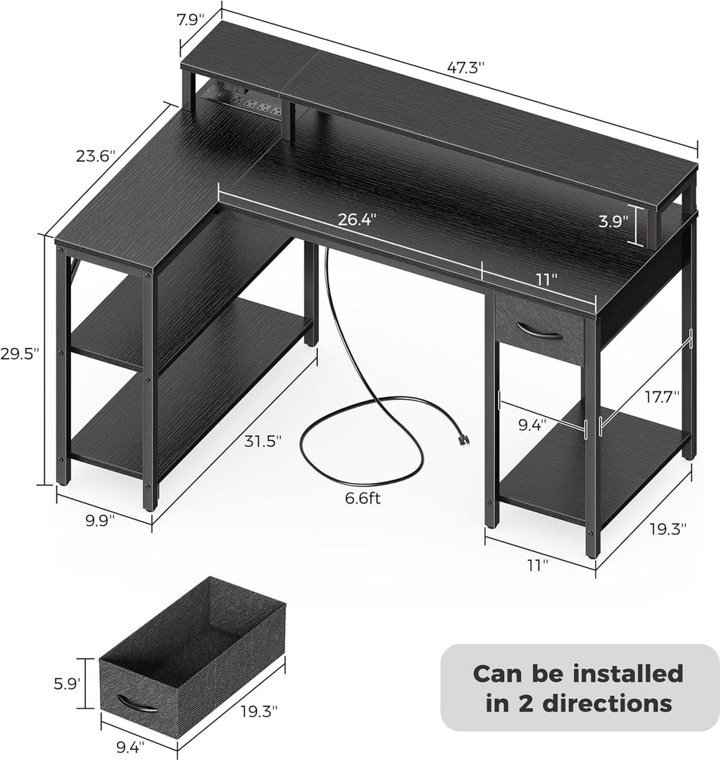 47 Inch L Shaped Desk With LED Lighting And Power Outlets