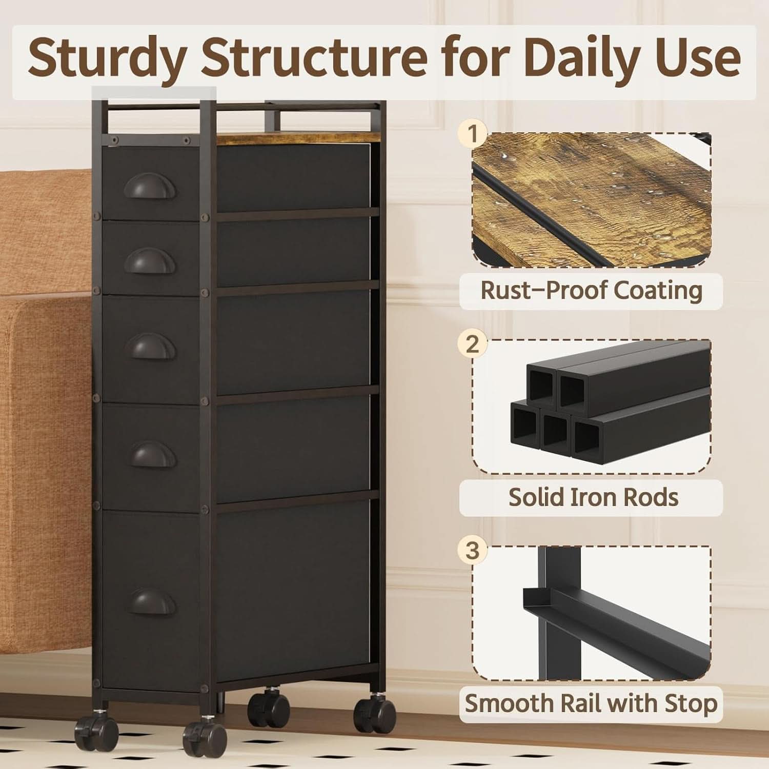 Black SlimStorage Narrow Five Drawer Dresser On Wheels