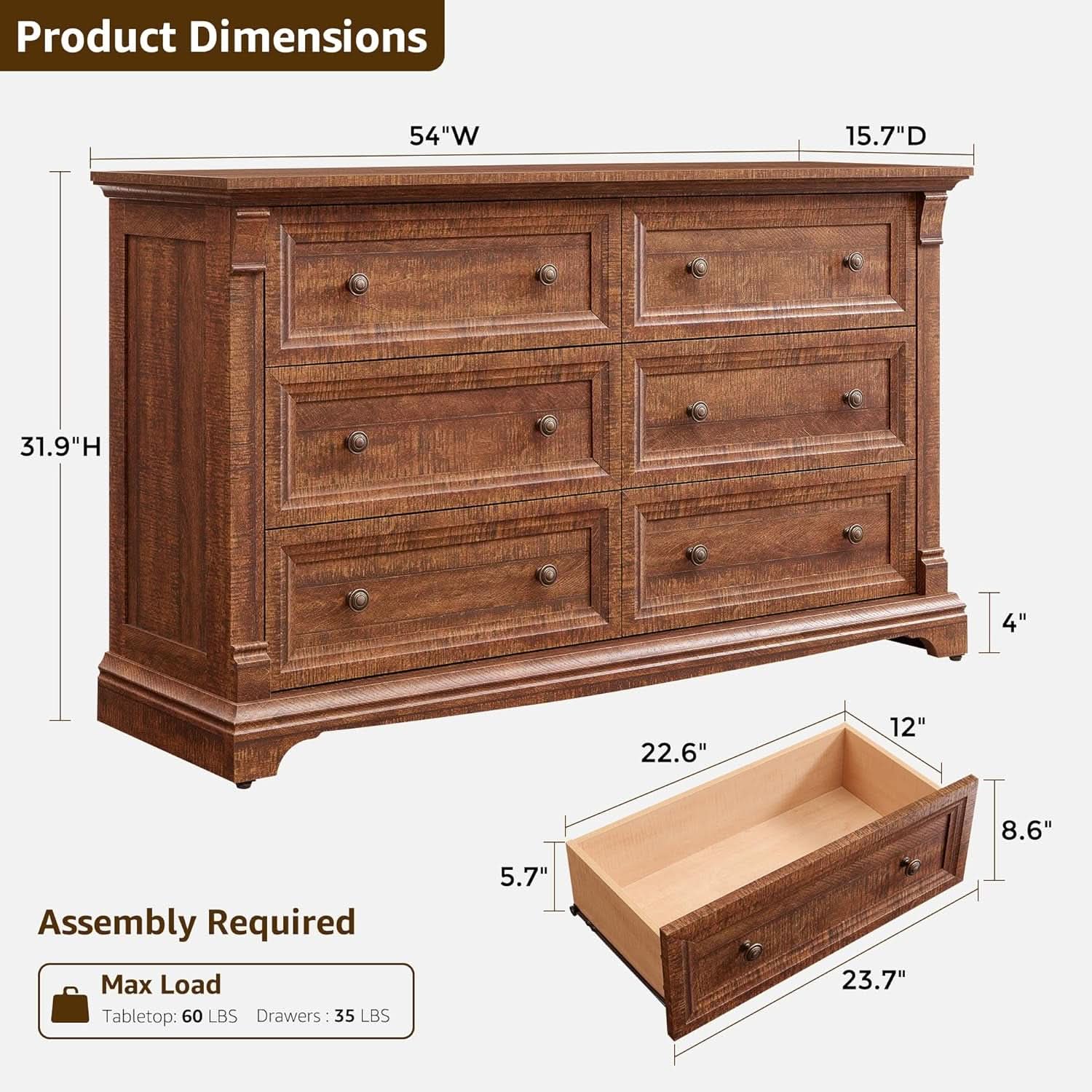 54 Inch Farmhouse Six Drawer Reclaimed Barnwood Dresser