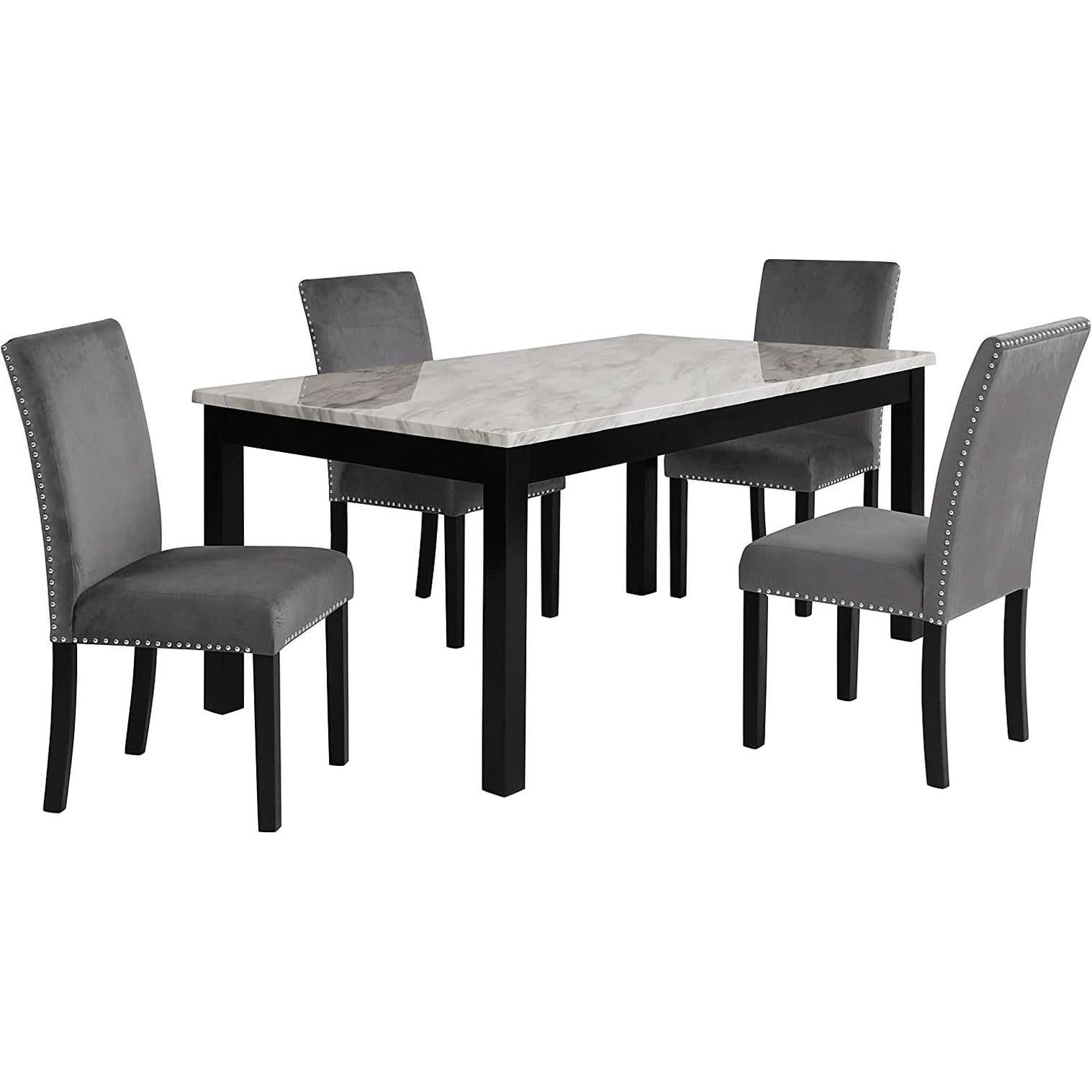 64 Inch Dining Table With Faux Marble Top And Black Base