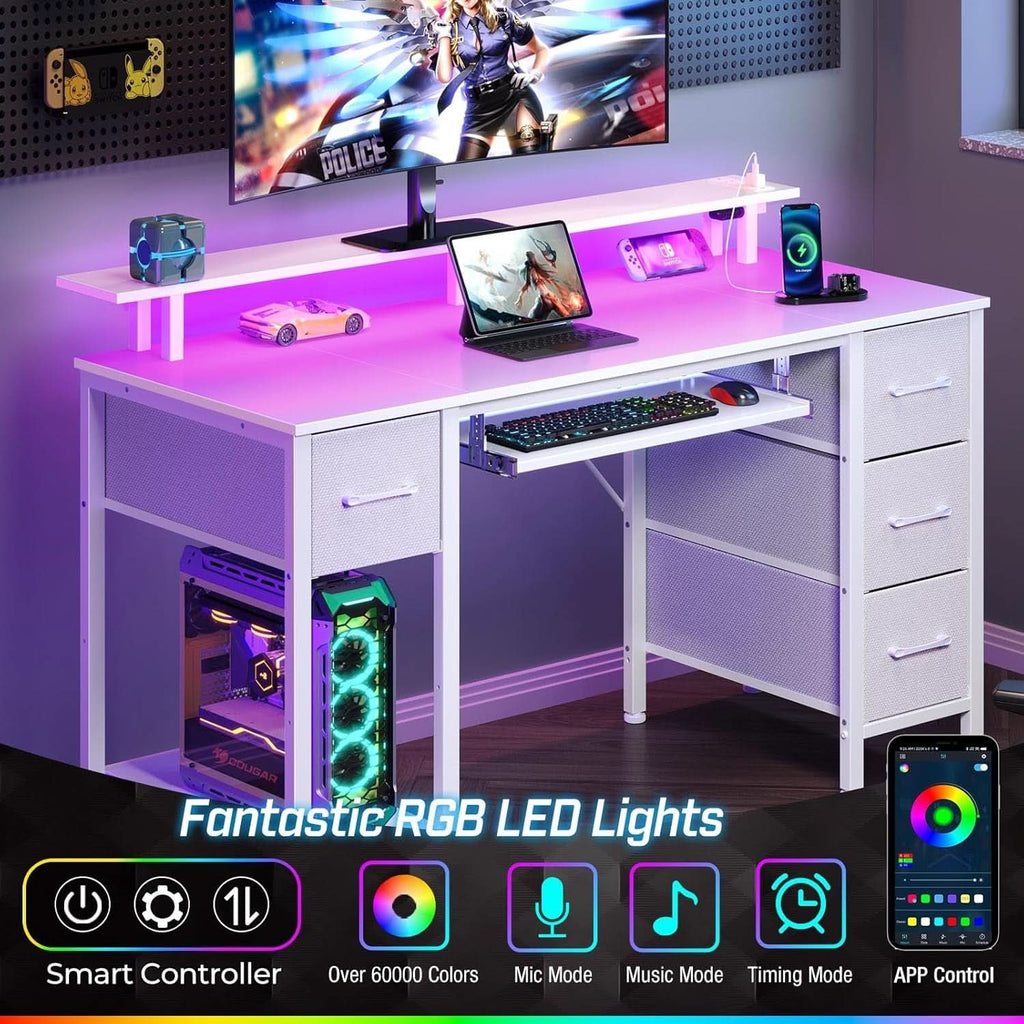 47.2 Inch White LED Desk With Power Outlets And Drawers