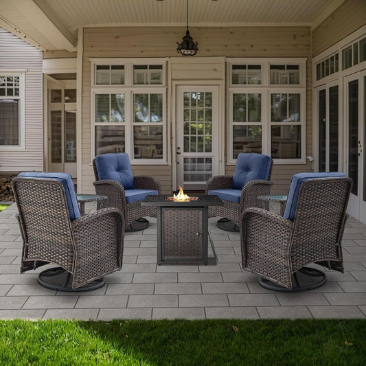 7 Piece Patio Set With Fire Pit Table And Swivel Rocker Chairs