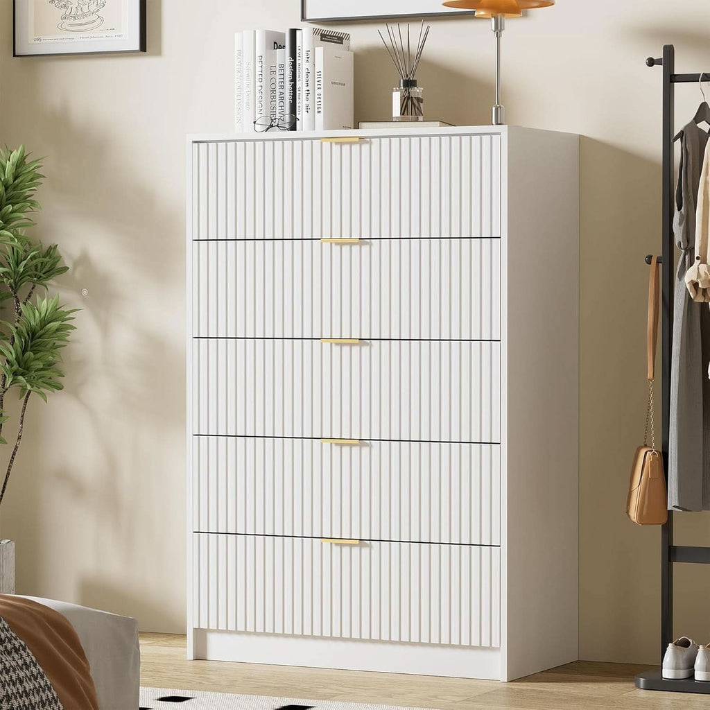 White Modern Dresser With Golden Handles Five Drawers