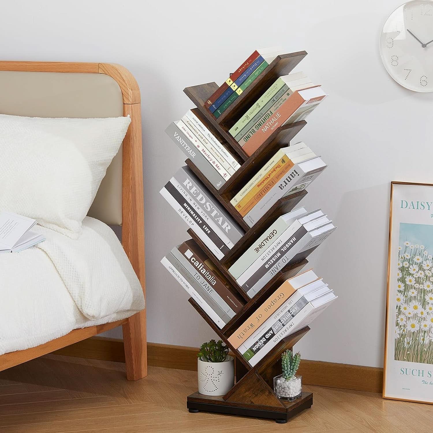 8 Tier Tree Bookshelf Floor Standing Bookcase For Books CDs Rustic Wood