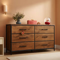 Wide Fabric Dresser TV Stand With 6 Drawers Rustic Brown