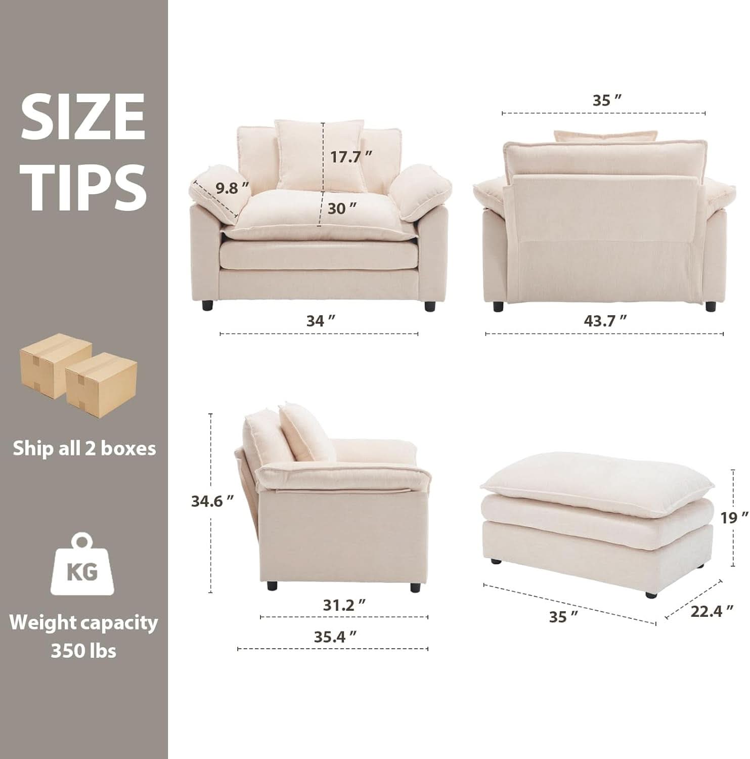 Beige Upholstered Oversized Chair With Ottoman Chenille