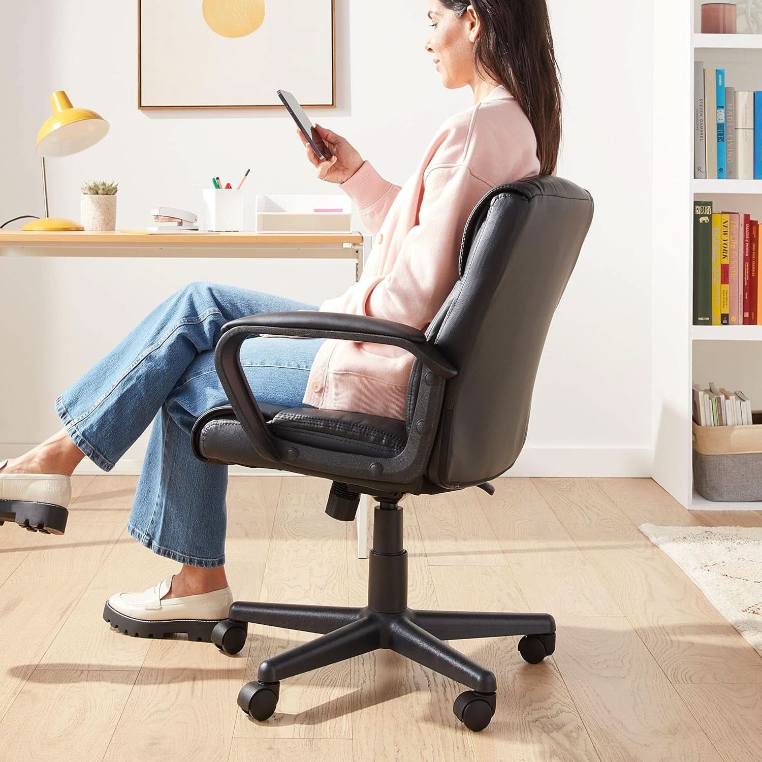 Black Office Chair With Padded Armrests Height Adjustable