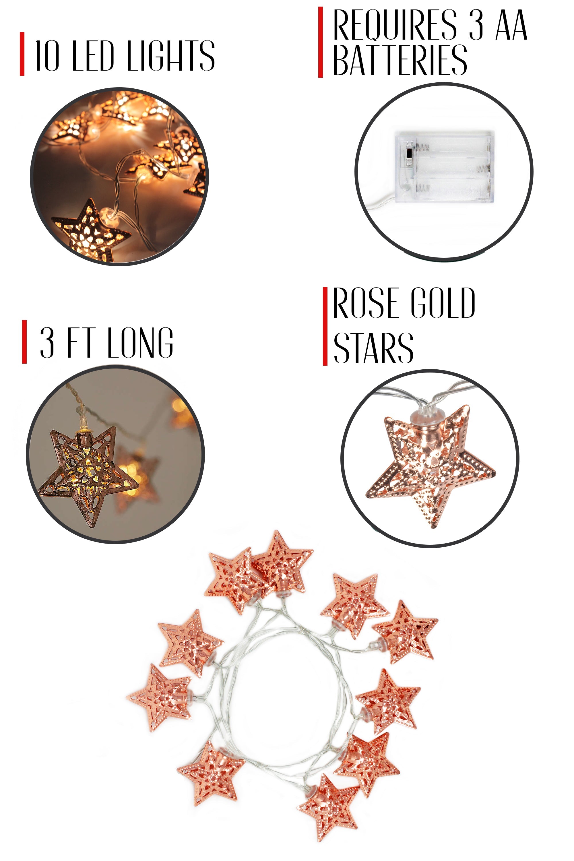 10 LED Rose Gold Star String Light Battery Operated - Warm White