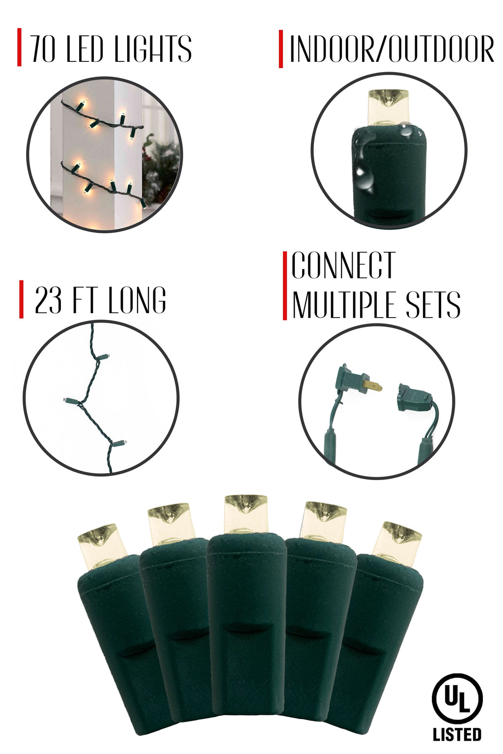 70 LED Indoor/Outdoor Wide Angle 5MM LED Green Cable Christmas String Lights - Warm White