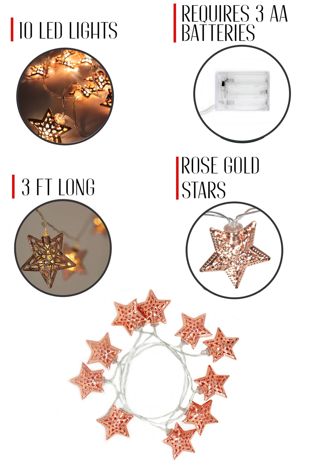 10 LED String Light with Rose Gold Small Metal Star Battery Operated -Warm White