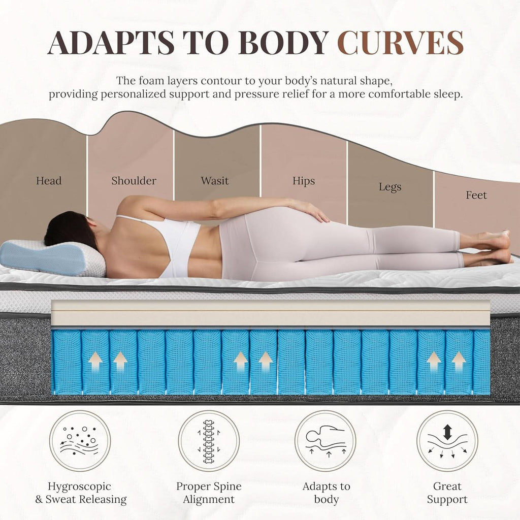 Queen Hybrid Mattress 12 Inch Fiberglass Free Memory Foam
