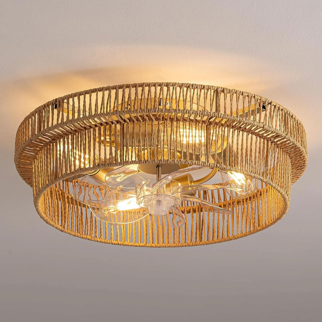 Handwoven Rattan Boho Ceiling Fan 20 Inch Brown Finish