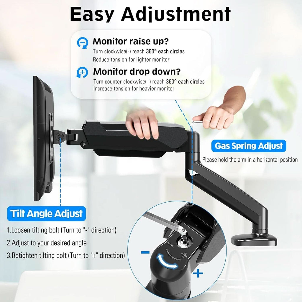 32 Inch Gas Spring Monitor Arm With Clamp VESA Black