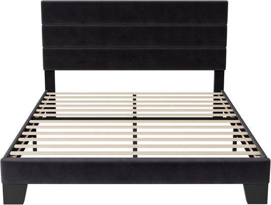 Black Velvet Queen Platform Bed Easy Assembly No Box Spring