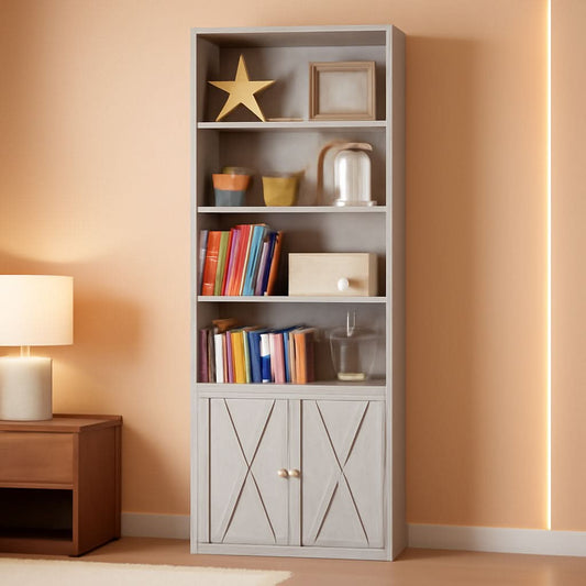 Industrial 70 Inch Tall Bookcase With Doors 6 Shelf Storage