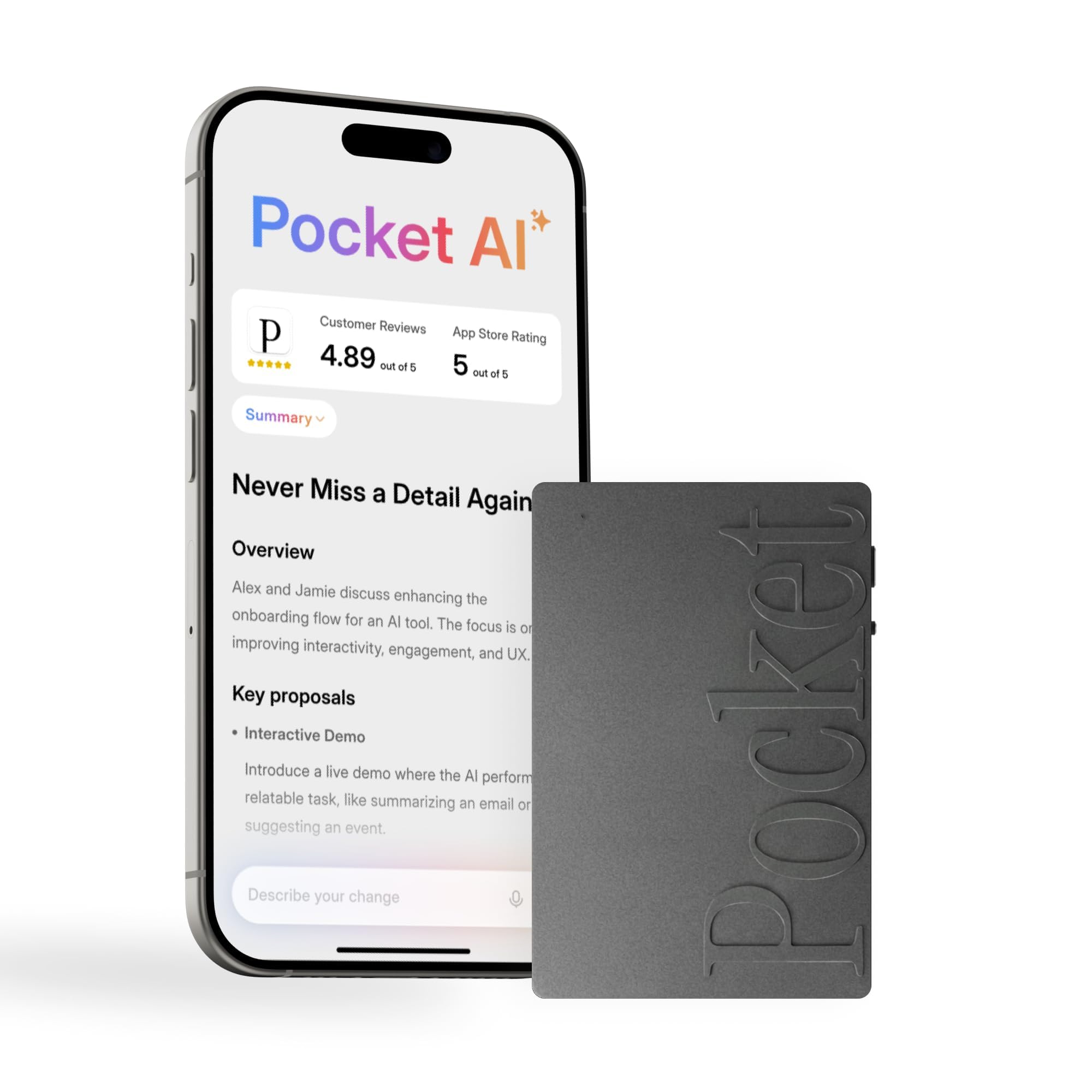 Pocket AI Voice Recorder & Smart Assistant – Auto Transcription, Summaries & Action Items – AI Note Taker for Meetings, Calls & Productivity - Space Grey