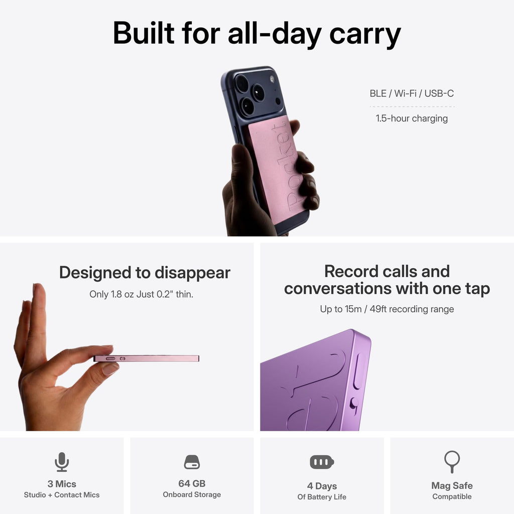 Pocket AI Voice Recorder & Smart Assistant – Auto Transcription, Summaries & Action Items – AI Note Taker for Meetings, Calls & Productivity - Space Grey