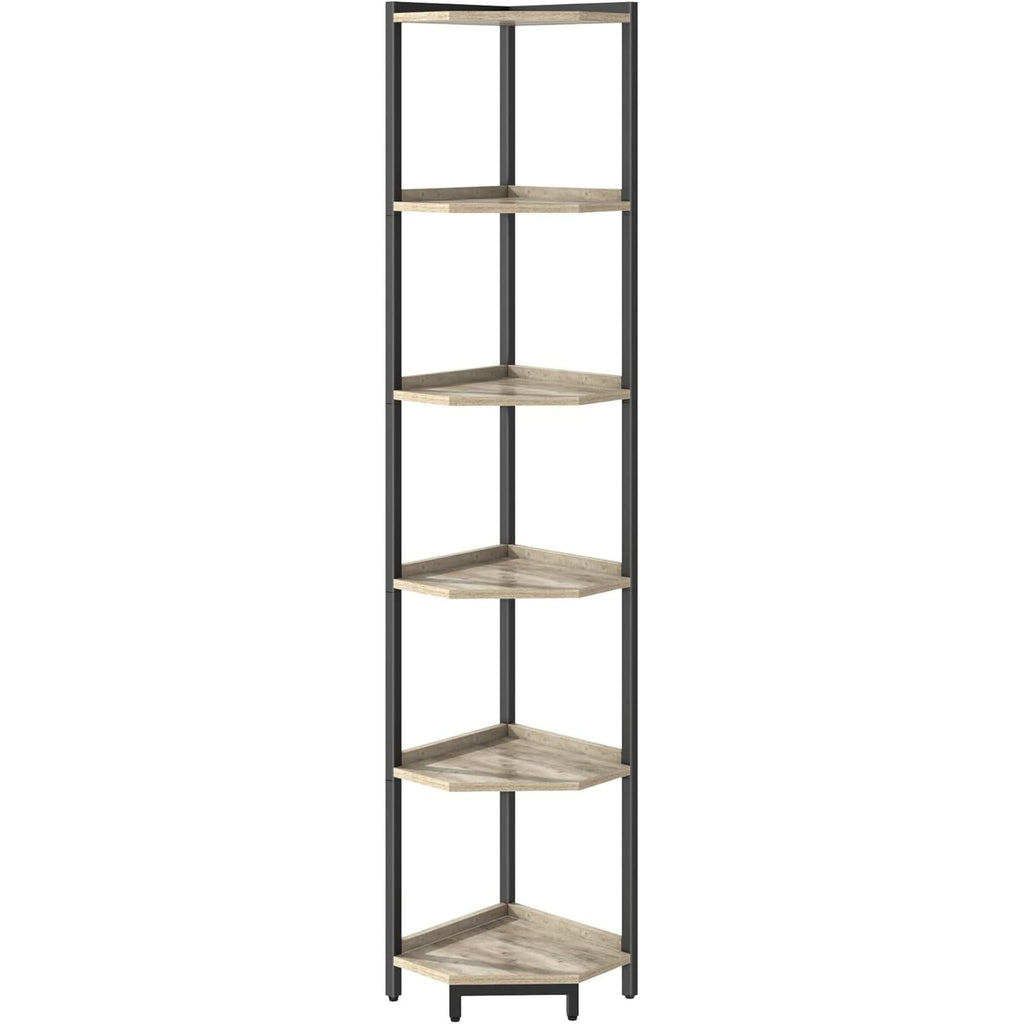 6-Tier Greige Corner Shelf Stand For Living Room And Office