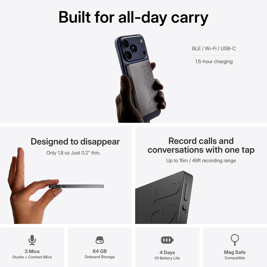Pocket AI Voice Recorder & Smart Assistant – Auto Transcription, Summaries & Action Items – AI Note Taker for Meetings, Calls & Productivity - Space Grey