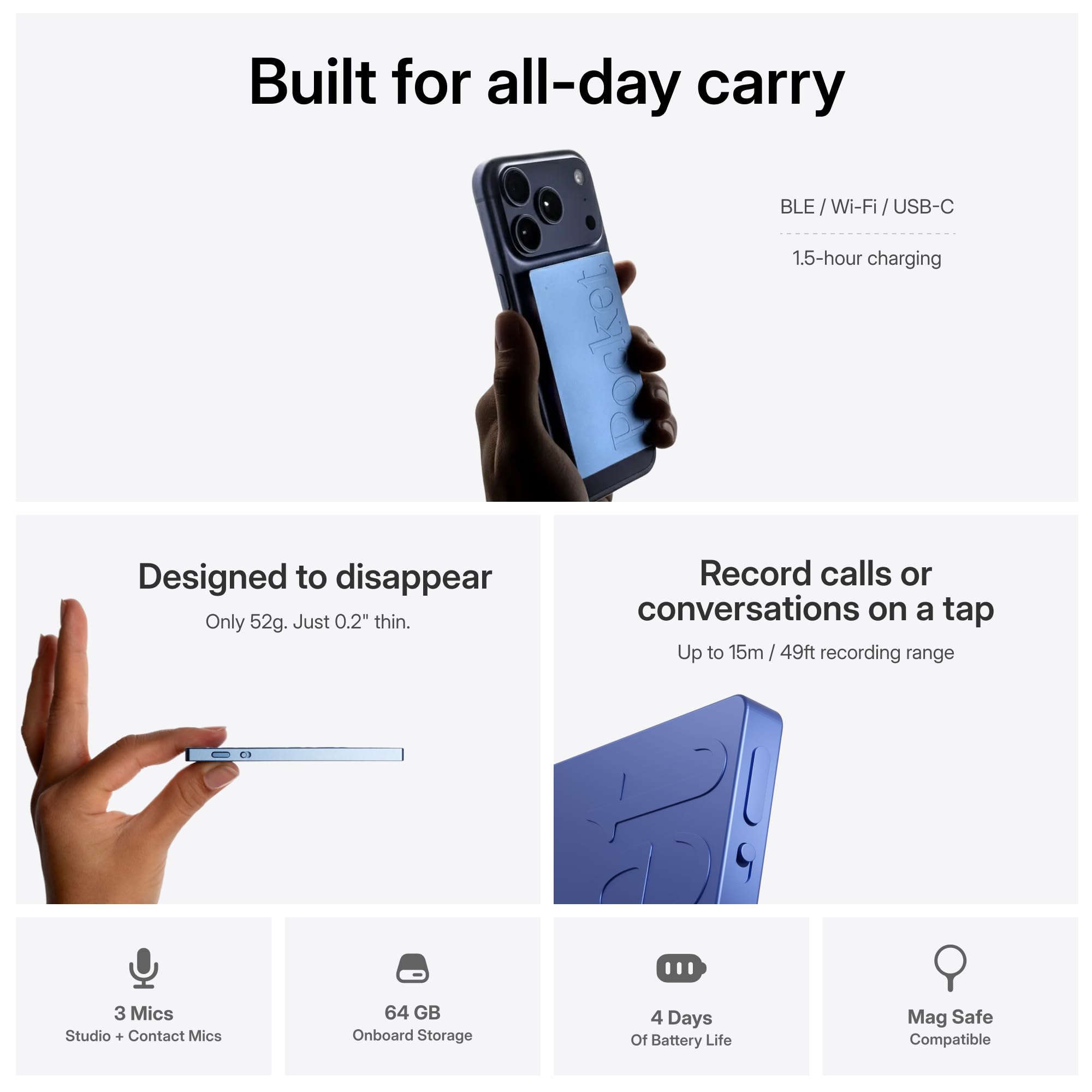 Pocket AI Voice Recorder & Smart Assistant – Auto Transcription, Summaries & Action Items – AI Note Taker for Meetings, Calls & Productivity - Space Grey