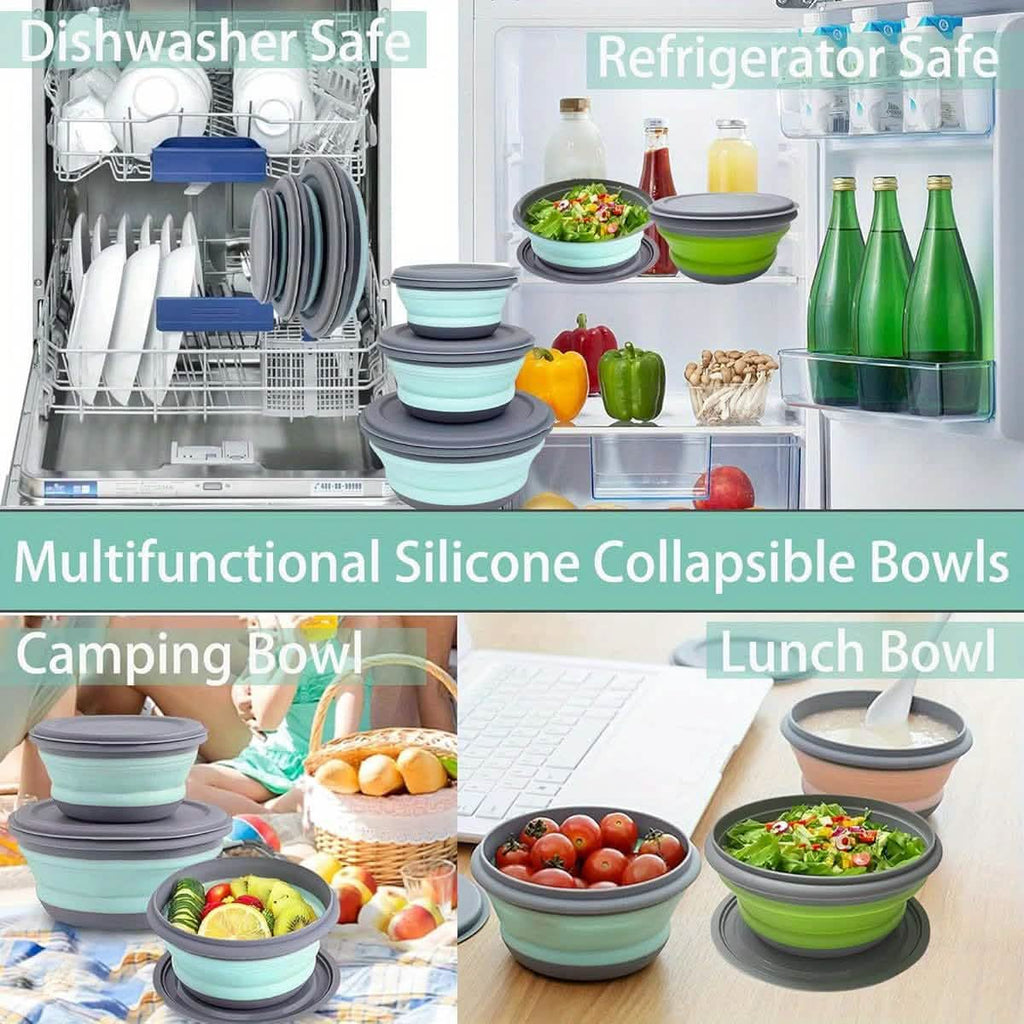 3 Foldable Silicone Camping Bowls with Lids – Blue & Pink