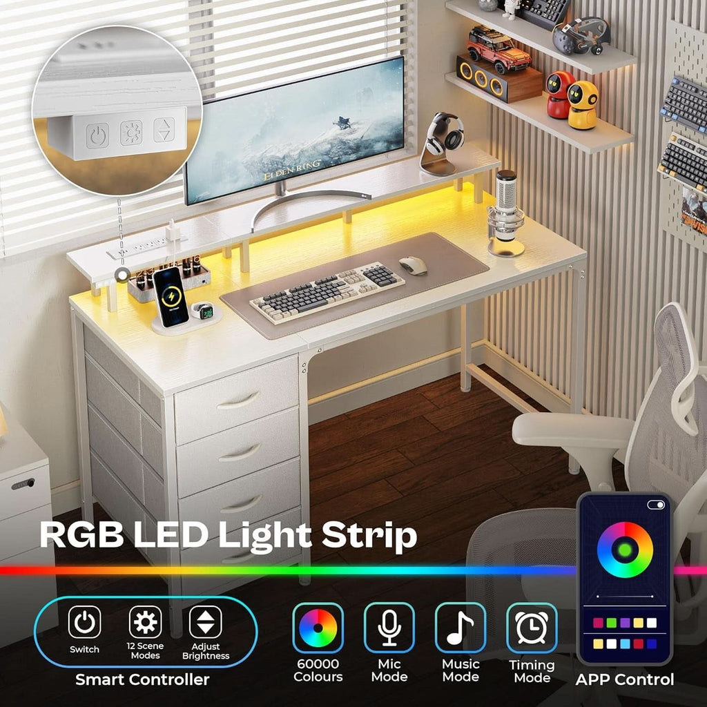 47 Inch LED Gaming Desk With Power Outlets White Drawers
