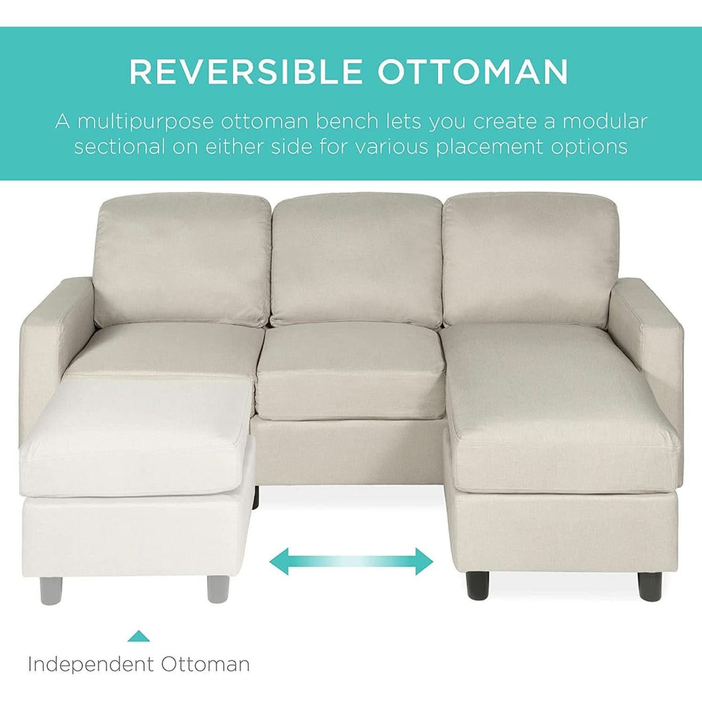 Compact Beige Linen Sectional Sofa With Chaise And Reversible Ottoman