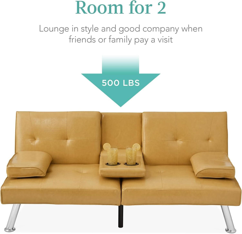 Convertible Futon Sofa Bed in Faux Leather Camel Yellow with Removable Armrests