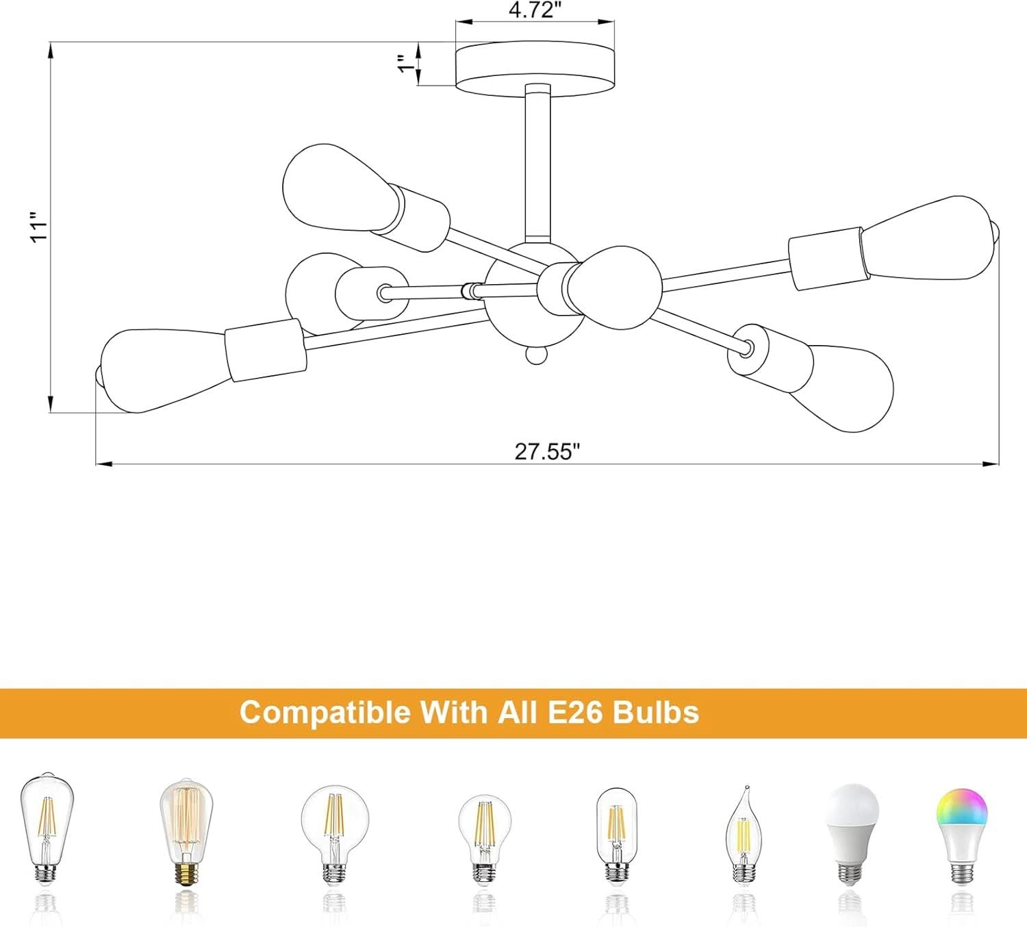 Black And Gold 6 Light Sputnik Ceiling Chandelier Semi Flush Mount UL Listed