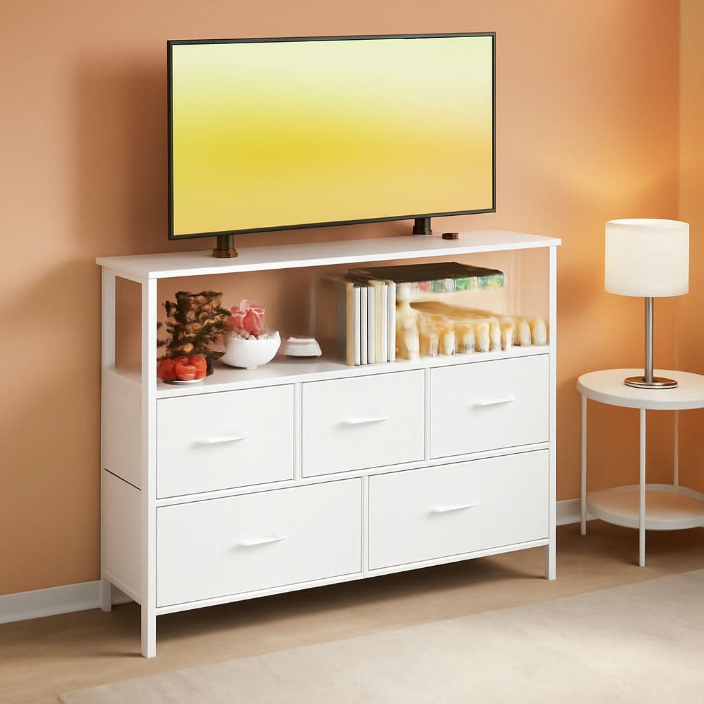 TV Stand Dresser With 5 Fabric Drawers White Wood Top