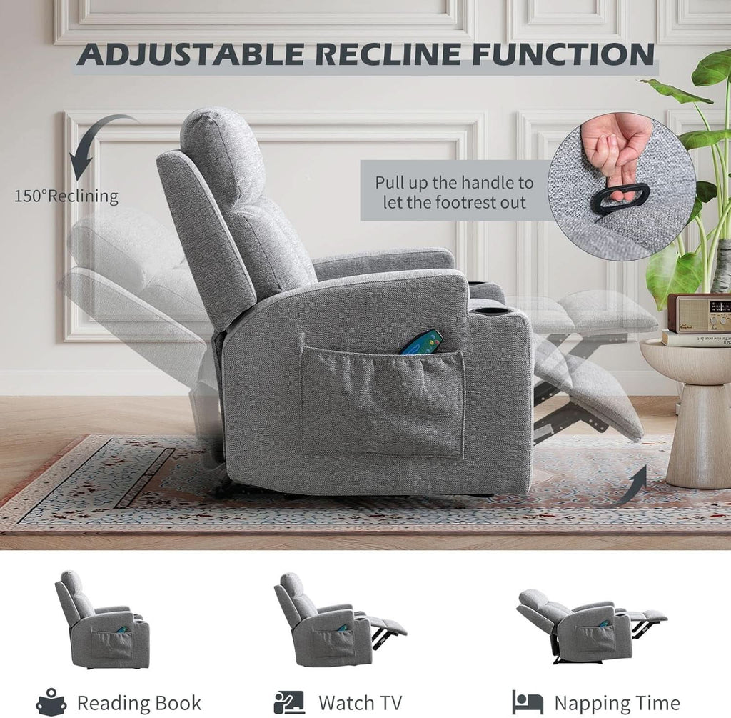 Light Grey Upholstered Manual Recliner With Massage