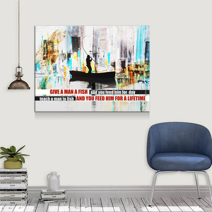 Teach A Man To Fish Canvas Wall Art, Motivational Abstract Art, Feed Him For A Lifetime